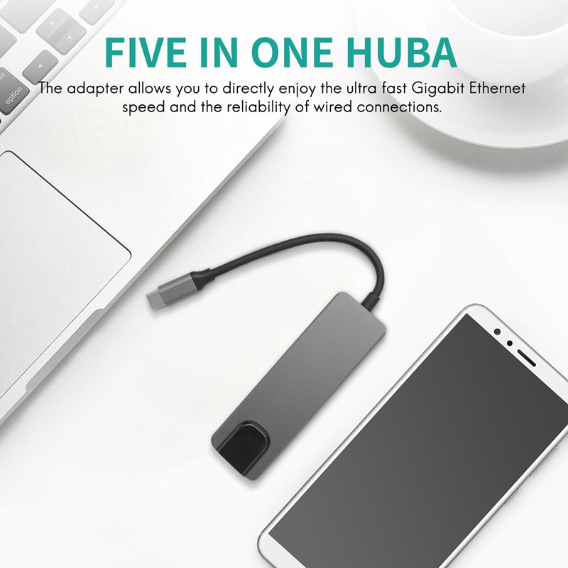 Portable Type-C Docking Station 5-in-1 USB-C Hub Adapter 4K HD Type-C Splitter to RJ45, USB-C, USB 3.0