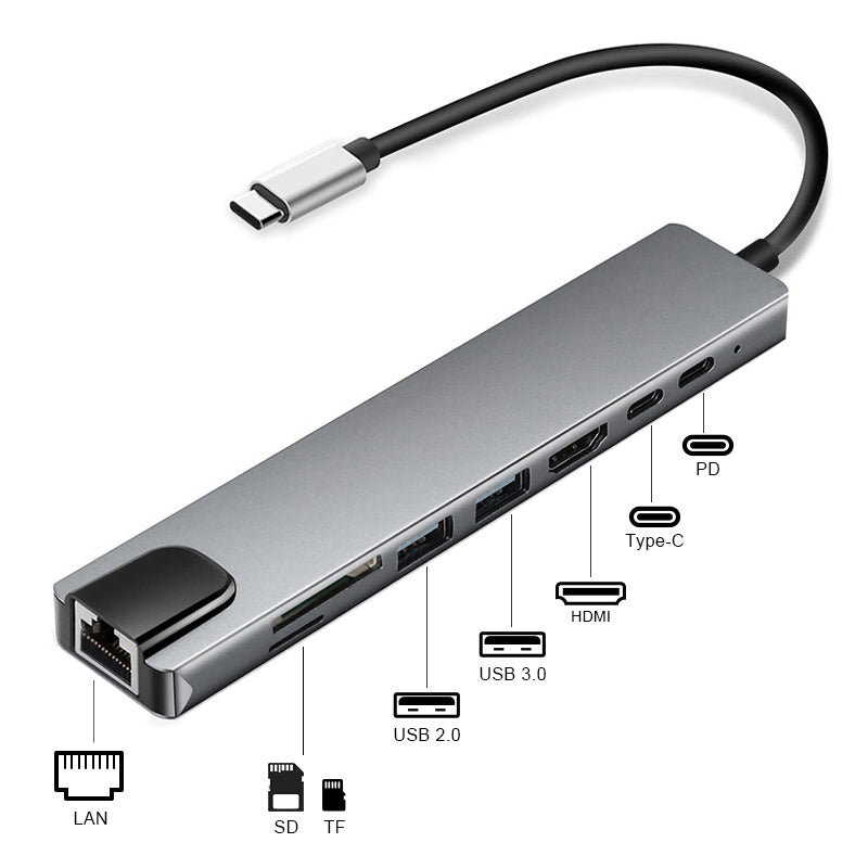XCF-RJ45-285 8-in-1 USB-C Hub Adapter Portable Mini Type-C Docking Station 10 / 100Mbps RJ45 Type-C Hub to USB-C, USB, HD