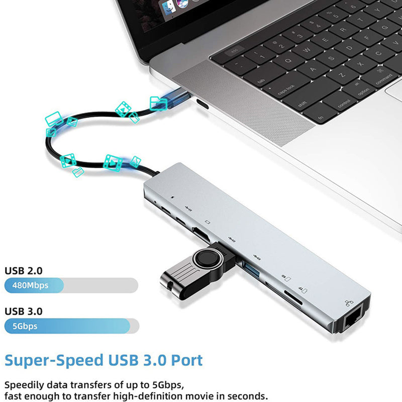 XCF-RJ45-285 8-in-1 USB-C Hub Adapter Portable Mini Type-C Docking Station 10 / 100Mbps RJ45 Type-C Hub to USB-C, USB, HD
