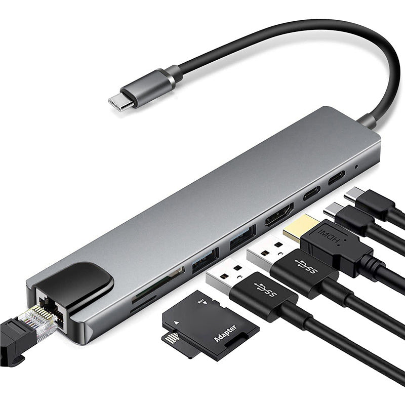 XCF-RJ45-285 8-in-1 USB-C Hub Adapter Portable Mini Type-C Docking Station 10 / 100Mbps RJ45 Type-C Hub to USB-C, USB, HD
