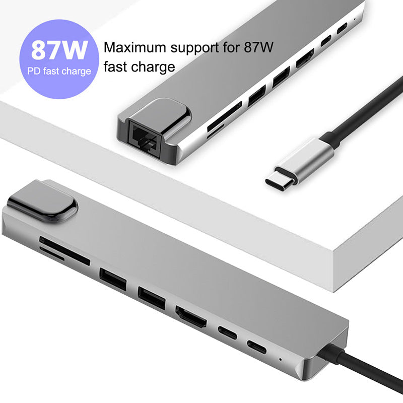 XCF-RJ45-285 8-in-1 USB-C Hub Adapter Portable Mini Type-C Docking Station 10 / 100Mbps RJ45 Type-C Hub to USB-C, USB, HD