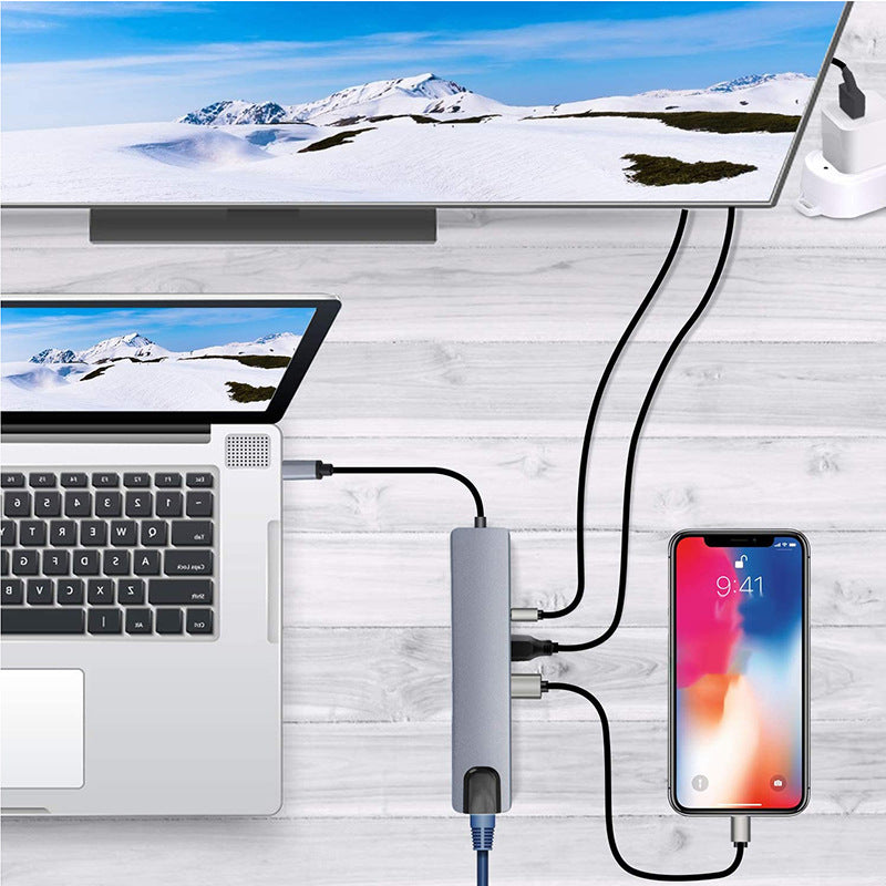 XCF-RJ45-285 8-in-1 USB-C Hub Adapter Portable Mini Type-C Docking Station 10 / 100Mbps RJ45 Type-C Hub to USB-C, USB, HD