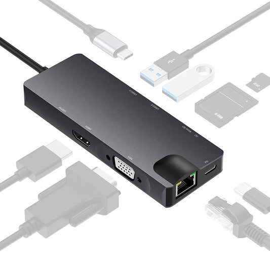 Type-C 8-in-1 100Mbps Network Card Hub Splitter RJ45 HDMI VGA USB Ports SD Card Reader Docking Station
