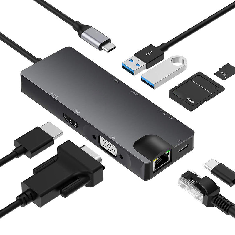 Type-C 8-in-1 100Mbps Network Card Hub Splitter RJ45 HDMI VGA USB Ports SD Card Reader Docking Station