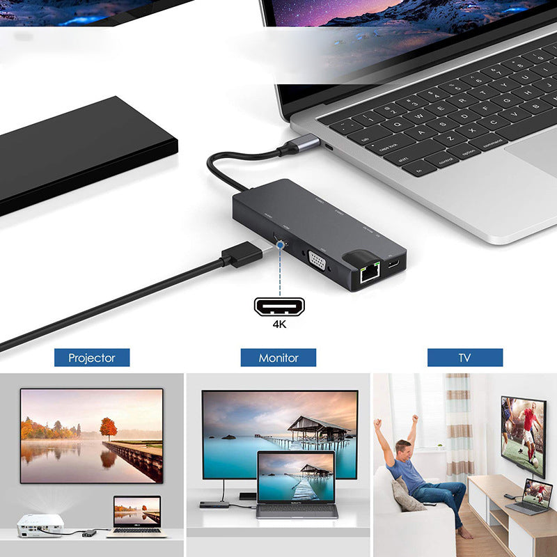 Type-C 8-in-1 100Mbps Network Card Hub Splitter RJ45 HDMI VGA USB Ports SD Card Reader Docking Station