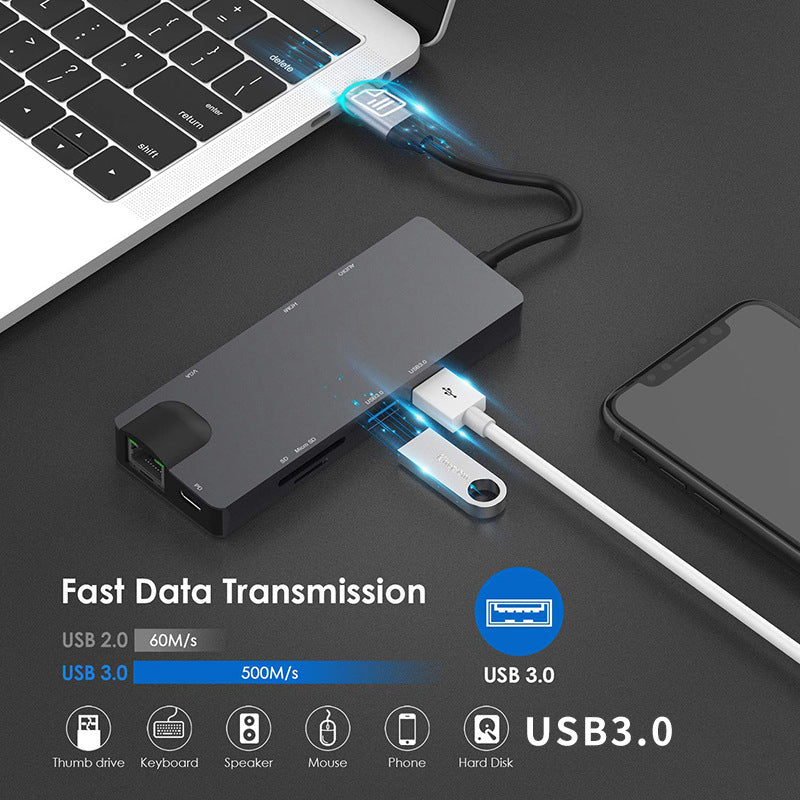 Type-C 8-in-1 100Mbps Network Card Hub Splitter RJ45 HDMI VGA USB Ports SD Card Reader Docking Station