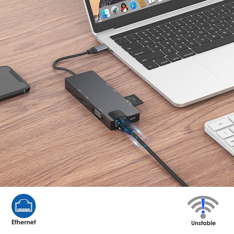 Type-C 8-in-1 100Mbps Network Card Hub Splitter RJ45 HDMI VGA USB Ports SD Card Reader Docking Station