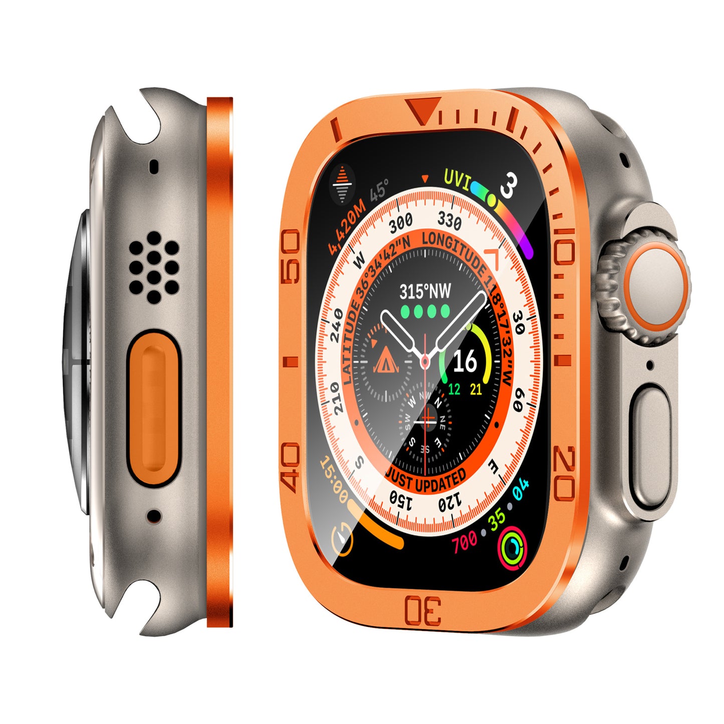 Uniqkart for Apple Watch Ultra 49mm Tempered Glass Screen Protector Numbers Marker Metal Frame with Built-in Clear Film - Orange
