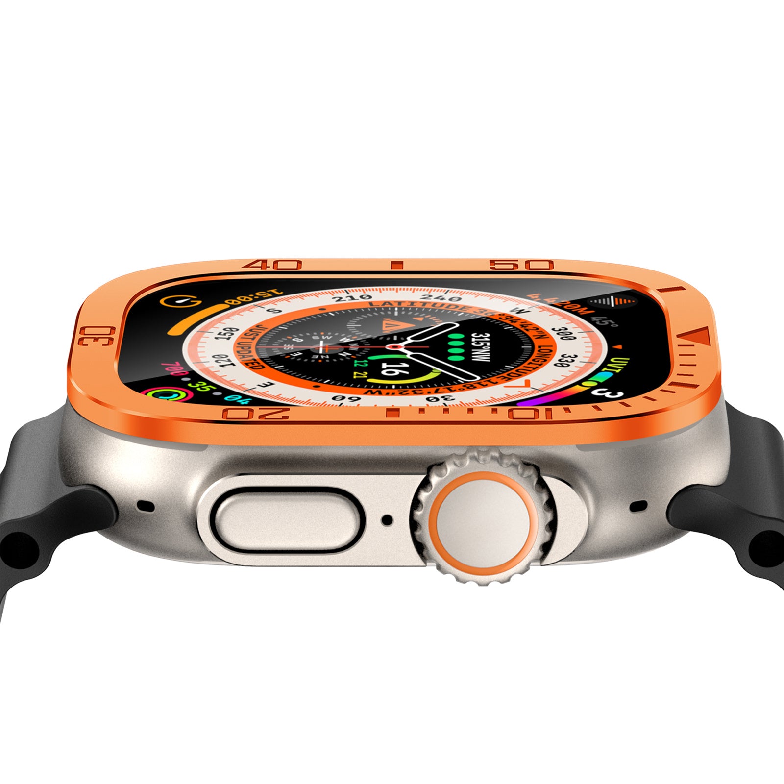 Uniqkart for Apple Watch Ultra 49mm Tempered Glass Screen Protector Numbers Marker Metal Frame with Built-in Clear Film - Orange