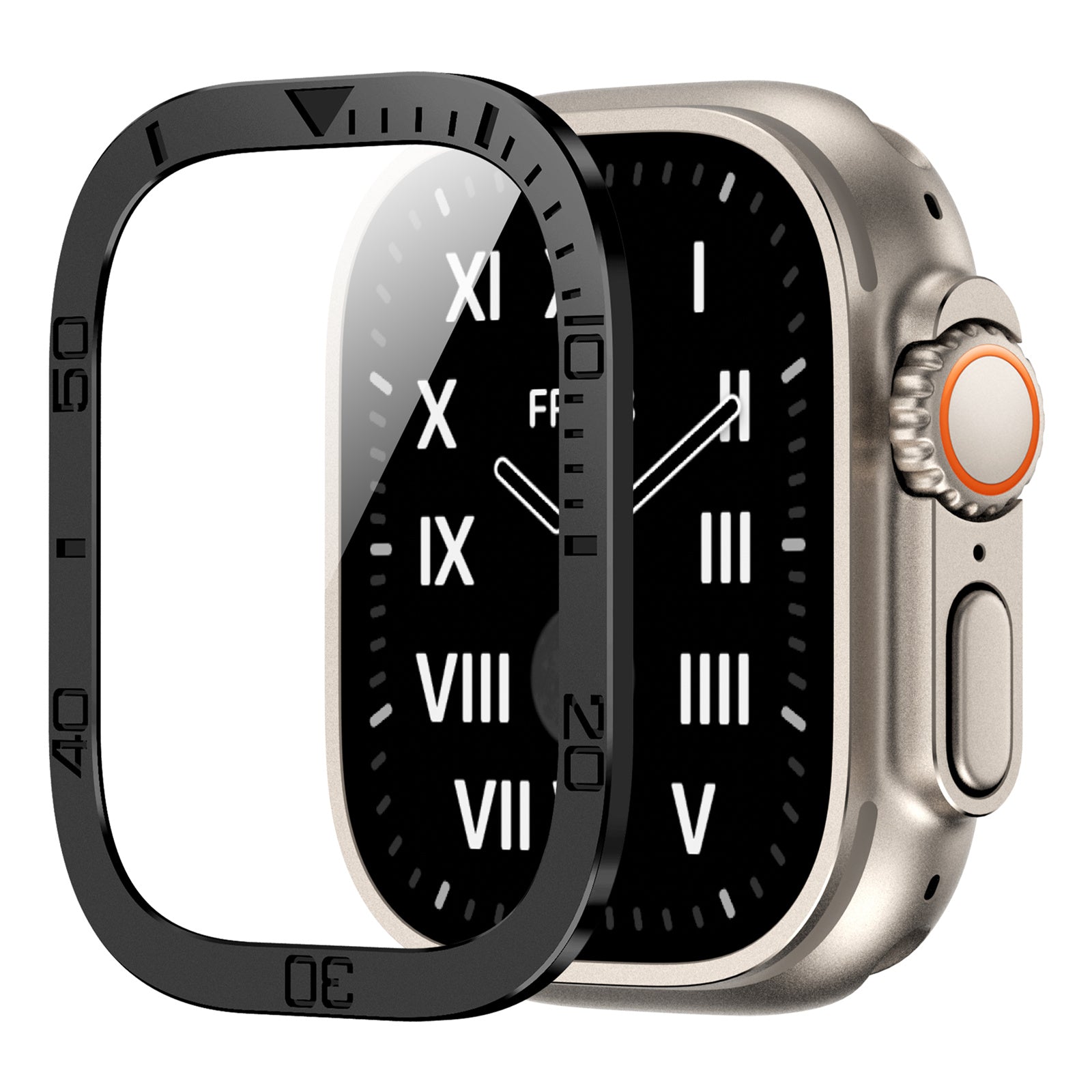 Uniqkart for Apple Watch Ultra 49mm Tempered Glass Screen Protector Numbers Marker Metal Frame with Built-in Clear Film - Black