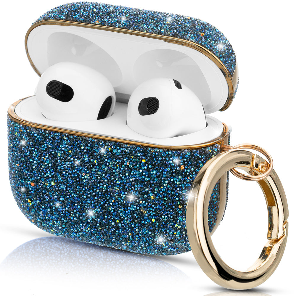 KINGXBAR Shiny Rhinestone Surface Anti-fall Electroplating PC Protective Case Bluetooth Earphone Cover with Keyring for Apple AirPods 3 - Blue