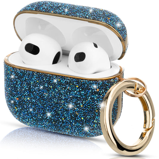 KINGXBAR Shiny Rhinestone Surface Anti-fall Electroplating PC Protective Case Bluetooth Earphone Cover with Keyring for Apple AirPods 3 - Blue