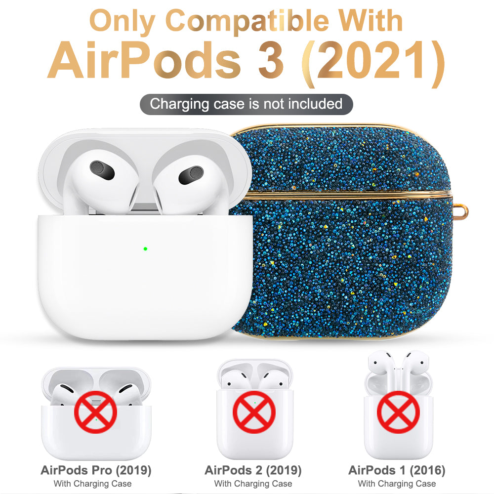 KINGXBAR Shiny Rhinestone Surface Anti-fall Electroplating PC Protective Case Bluetooth Earphone Cover with Keyring for Apple AirPods 3 - Blue
