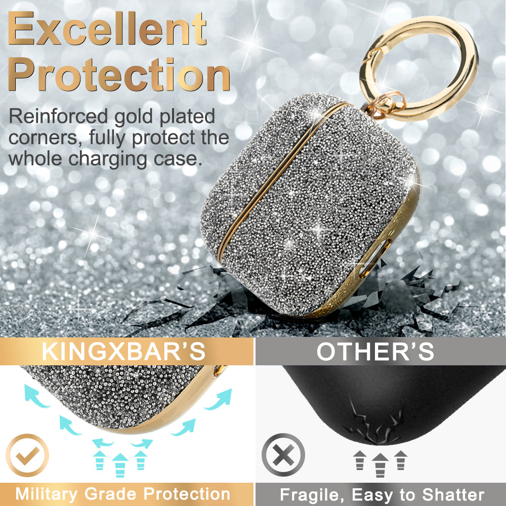 KINGXBAR Shiny Rhinestone Surface Anti-fall Electroplating PC Protective Case Bluetooth Earphone Cover with Keyring for Apple AirPods 3 - Silver