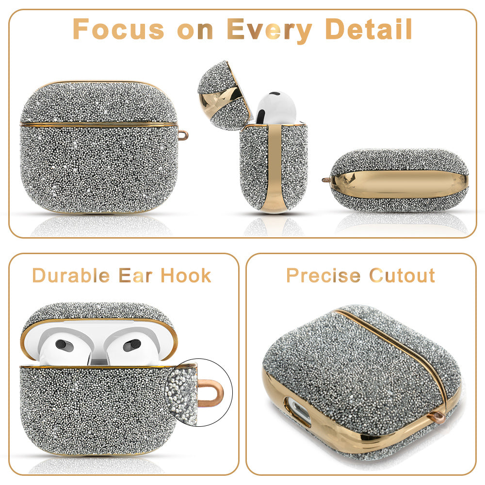 KINGXBAR Shiny Rhinestone Surface Anti-fall Electroplating PC Protective Case Bluetooth Earphone Cover with Keyring for Apple AirPods 3 - Silver