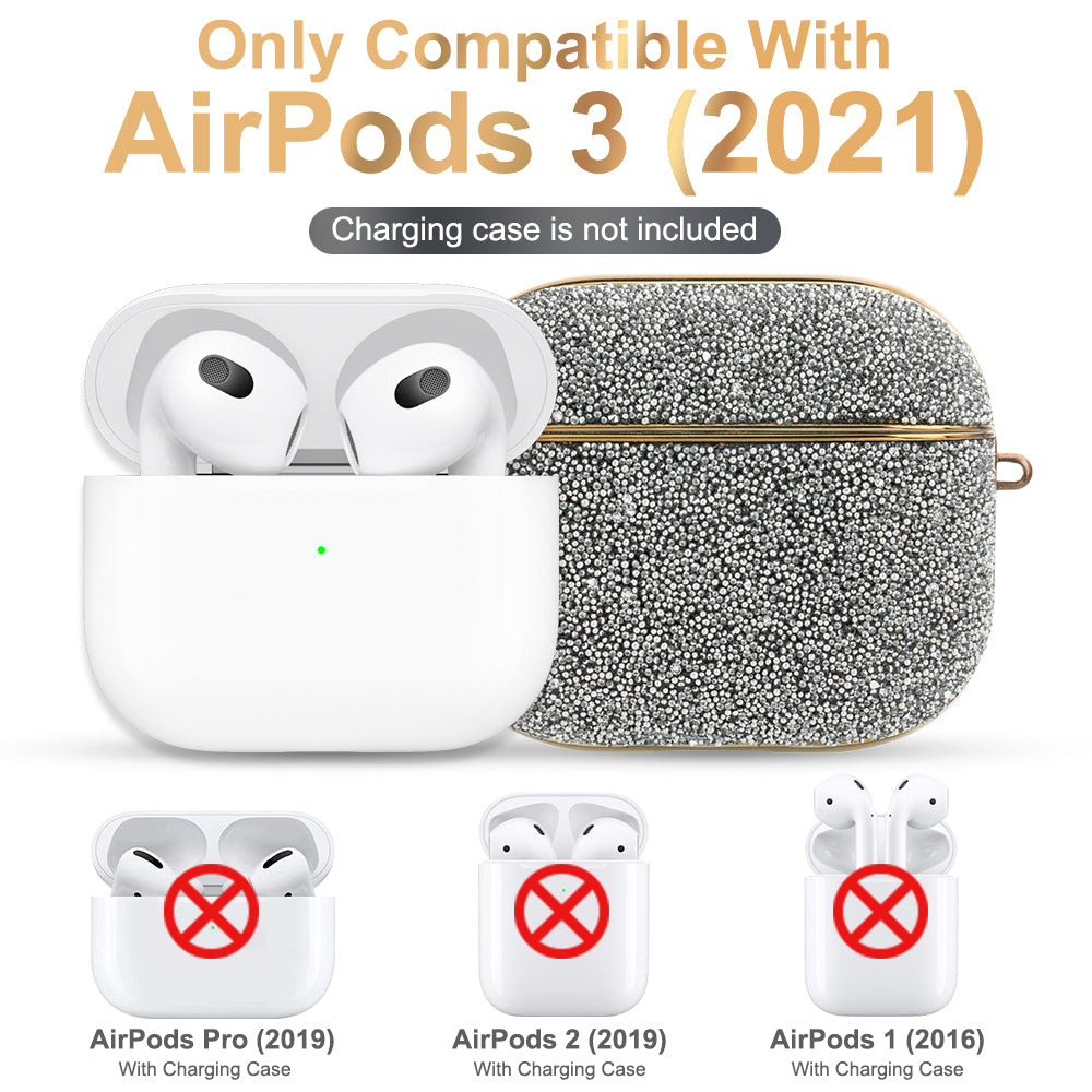 KINGXBAR Shiny Rhinestone Surface Anti-fall Electroplating PC Protective Case Bluetooth Earphone Cover with Keyring for Apple AirPods 3 - Silver