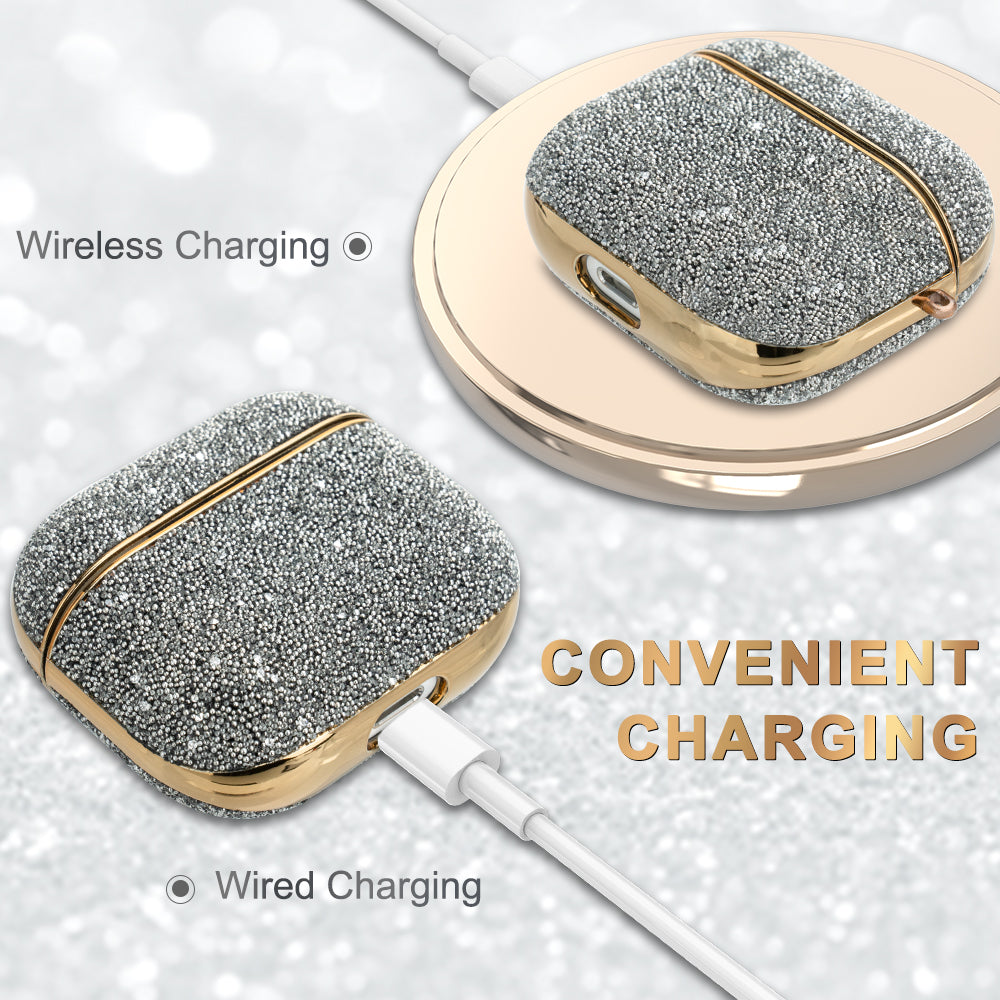KINGXBAR Shiny Rhinestone Surface Anti-fall Electroplating PC Protective Case Bluetooth Earphone Cover with Keyring for Apple AirPods 3 - Silver