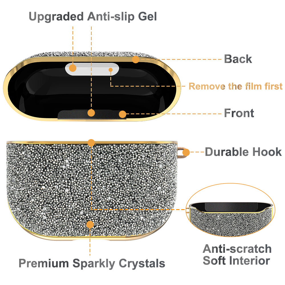 KINGXBAR Shiny Rhinestone Surface Anti-fall Electroplating PC Protective Case Bluetooth Earphone Cover with Keyring for Apple AirPods 3 - Silver