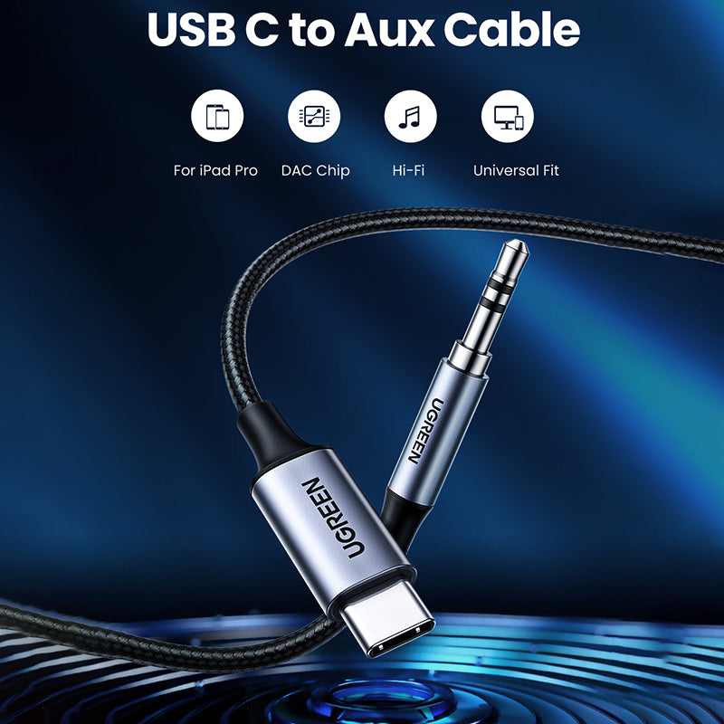 Uniqkart 1m Type C to 3.5mm Male Plug AUX Cable Car Stereo Headphone Converter (DAC Chip)
