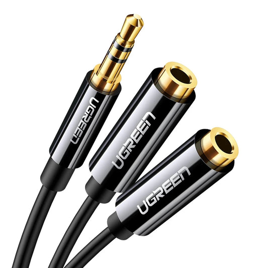 Uniqkart 20816 20cm 3.5mm Male to Dual 3.5mm Female Adapter AUX Cable Gold-Plated Connectors Braided Copper Wire for PCs/Laptops/Smartphones - Black