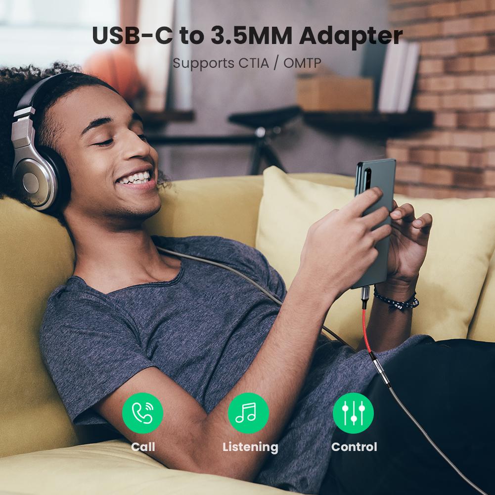 Uniqkart 70506 USB C Male to 3.5mm Female Audio Adapter Nylon Braided Converter Cable for Speaker Headphone Support Microphone