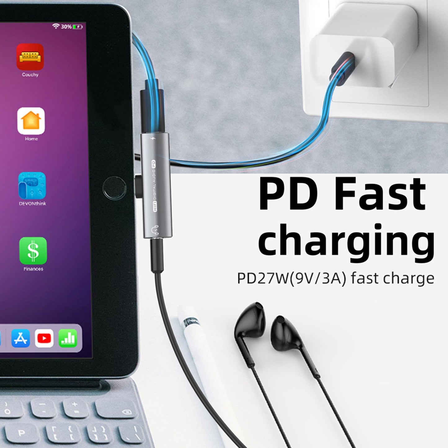 Type-C Male to Type-C + 3.5mm Female Jack Converter PD 27W Charging Earphone Audio Adapter for Laptop Tablet Phone - Dark Grey