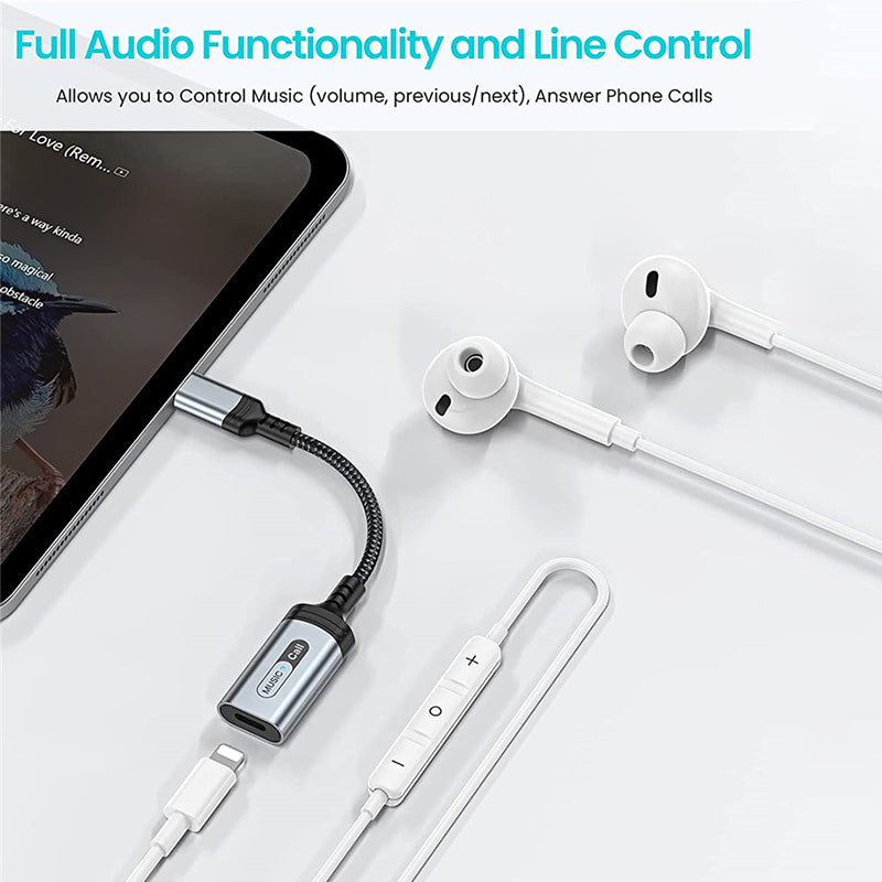 MH-306 USB C to 8 Pin Audio Adapter for iPad Pro Air 2022 / MacBook Air Type C to iOS Headphone Call Converter Cable - Black