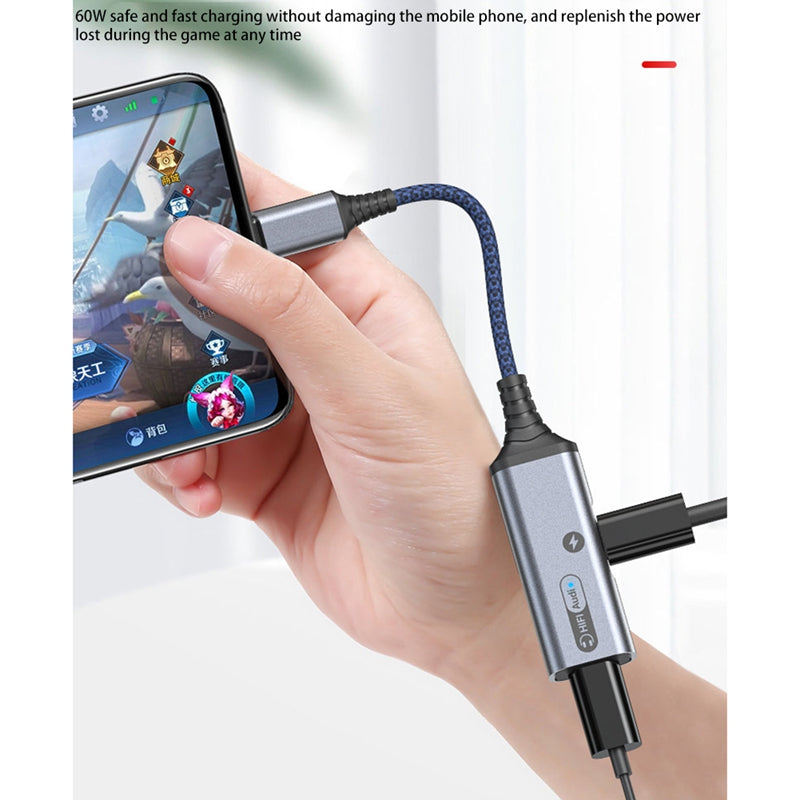 MH-338A 2-in-1 Type-C to Type-C Headphone Audio Charger Adapter with PD 60W Fast Charging for Samsung Galaxy S22 / iPad Pro - Blue