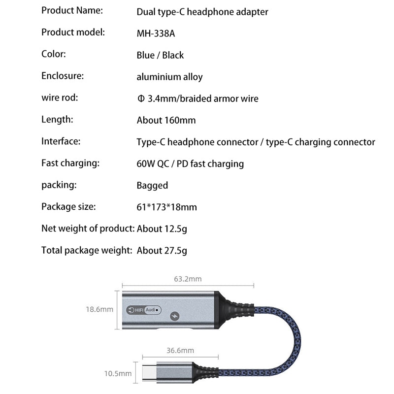 MH-338A 2-in-1 Type-C to Type-C Headphone Audio Charger Adapter with PD 60W Fast Charging for Samsung Galaxy S22 / iPad Pro - Blue
