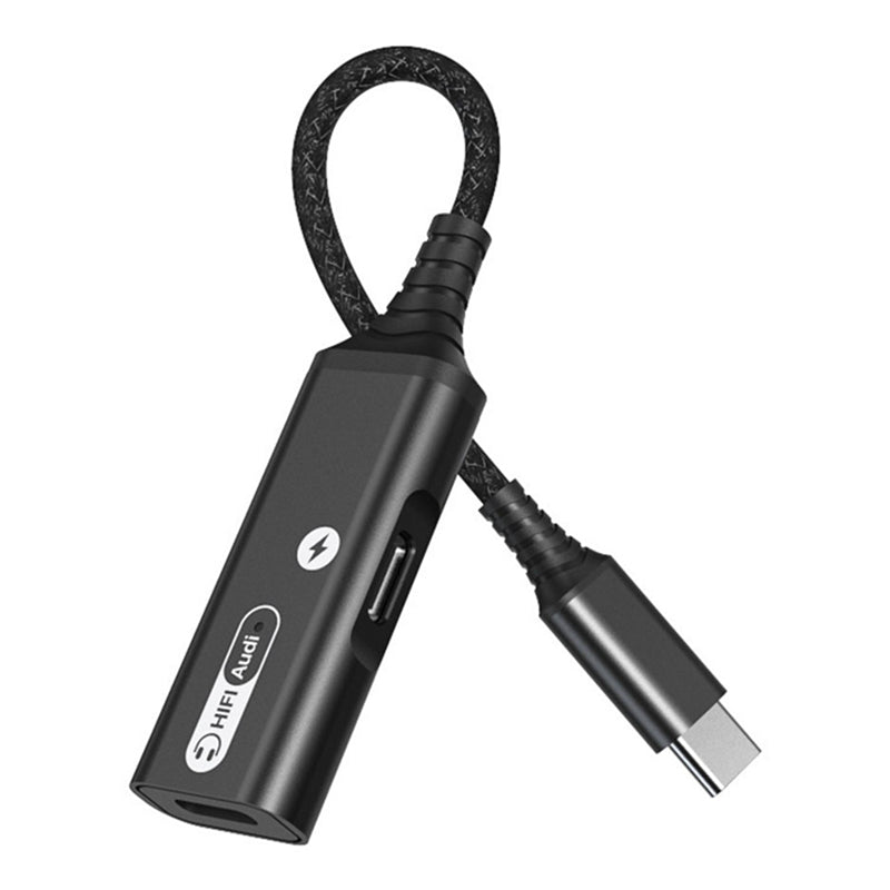 MH-338A 2-in-1 Type-C to Type-C Headphone Audio Charger Adapter with PD 60W Fast Charging for Samsung Galaxy S22 / iPad Pro - Black