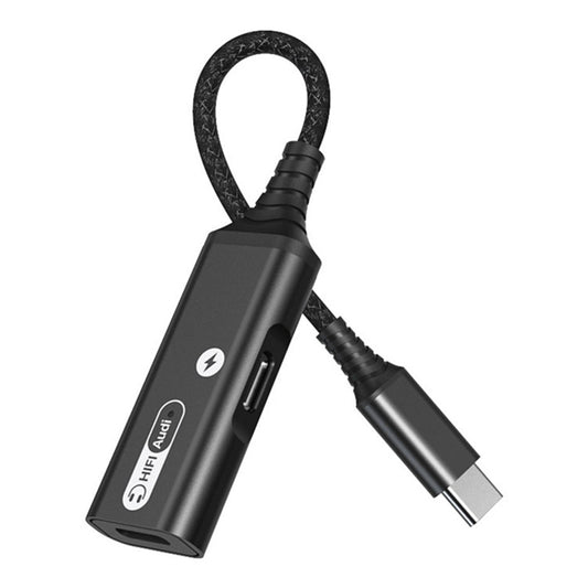 MH-338A 2-in-1 Type-C to Type-C Headphone Audio Charger Adapter with PD 60W Fast Charging for Samsung Galaxy S22 / iPad Pro - Black