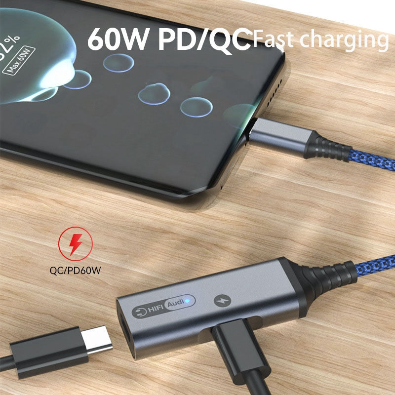 MH-338A 2-in-1 Type-C to Type-C Headphone Audio Charger Adapter with PD 60W Fast Charging for Samsung Galaxy S22 / iPad Pro - Black