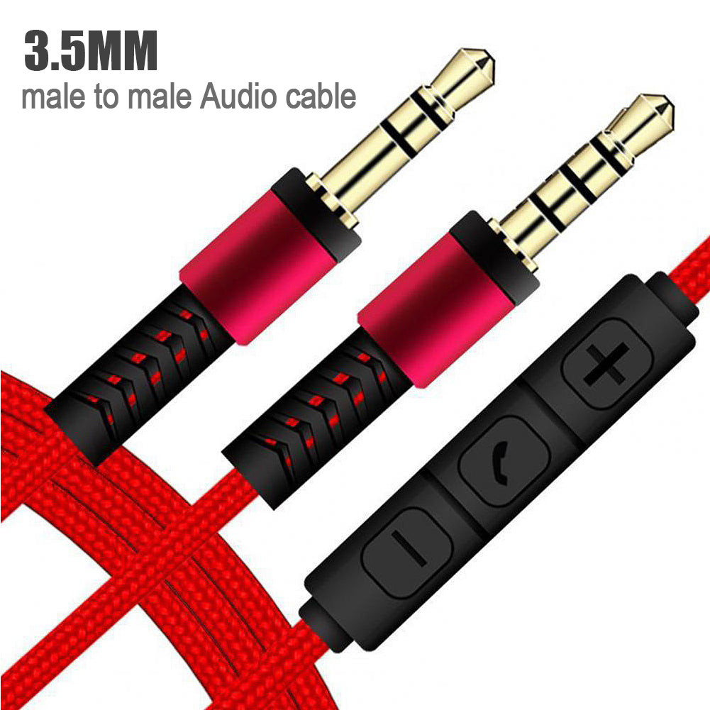 1.2m 3.5mm to 3.5mm Male to Male Stereo Audio Aux Cable Headphone Cord with Press Key Volume Control Mic - Red