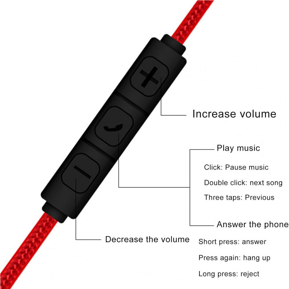 1.2m 3.5mm to 3.5mm Male to Male Stereo Audio Aux Cable Headphone Cord with Press Key Volume Control Mic - Red