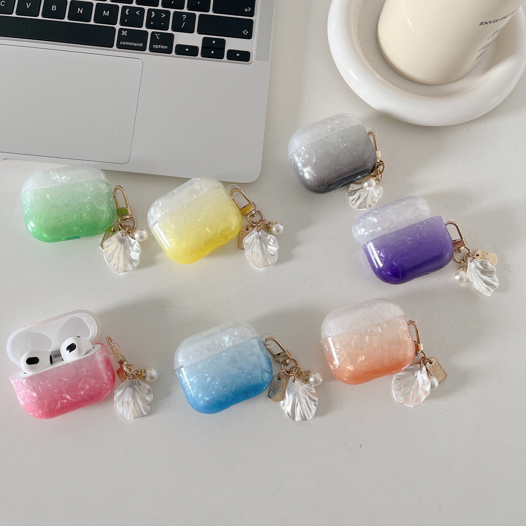 TPU Earphone Case for Apple AirPods 3 , Gradient Shell Grain Protective Carrying Cover with Shell Shape Pendant - Purple