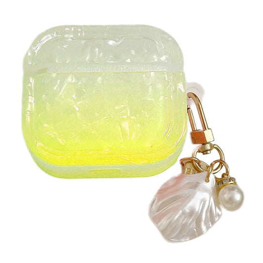 Uniqkart for Apple AirPods 3 Full Protective Cover Gradient Shell Grain Earphone Square TPU Case with Shell Shape Pendant - Yellow