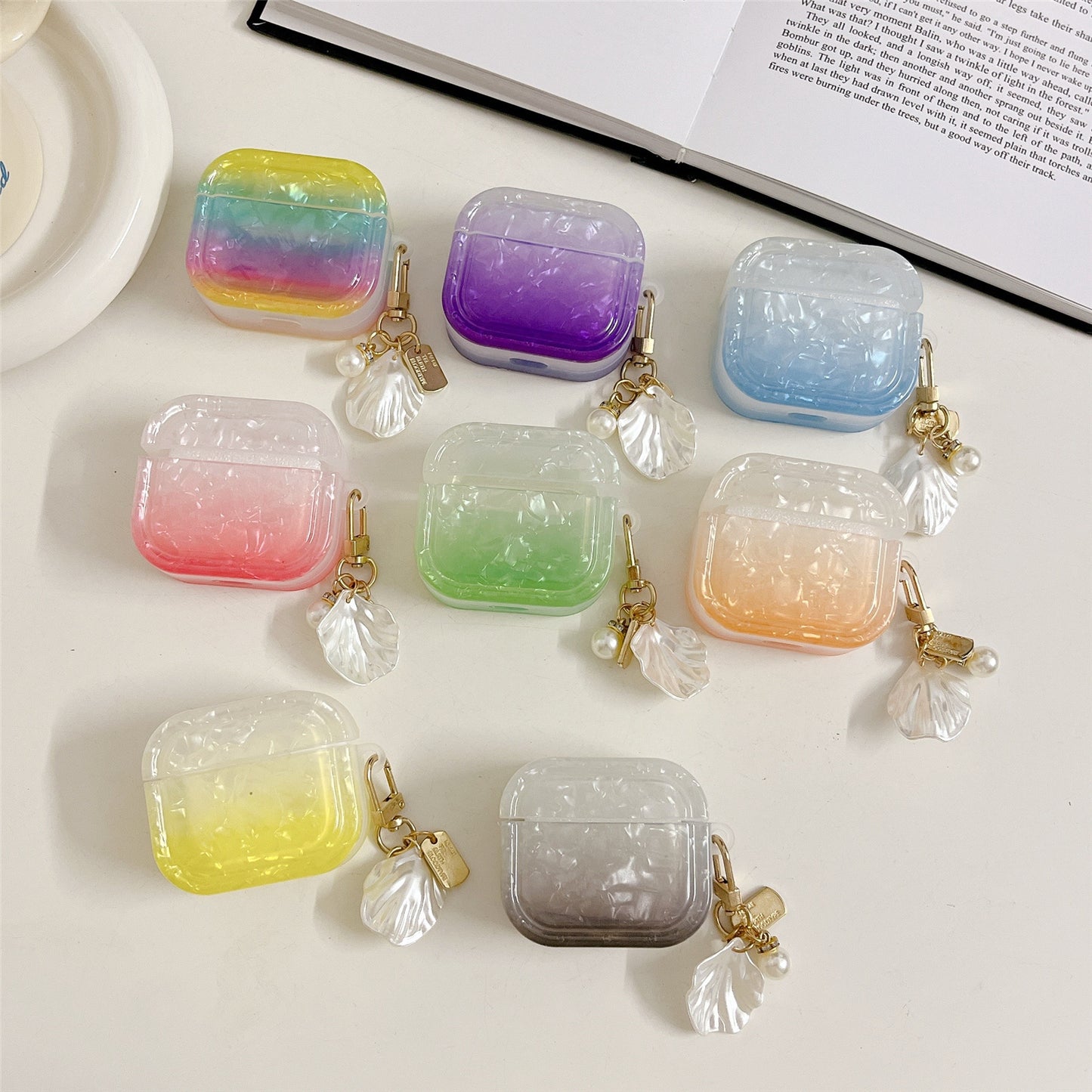 Uniqkart for Apple AirPods 3 Full Protective Cover Gradient Shell Grain Earphone Square TPU Case with Shell Shape Pendant - Yellow