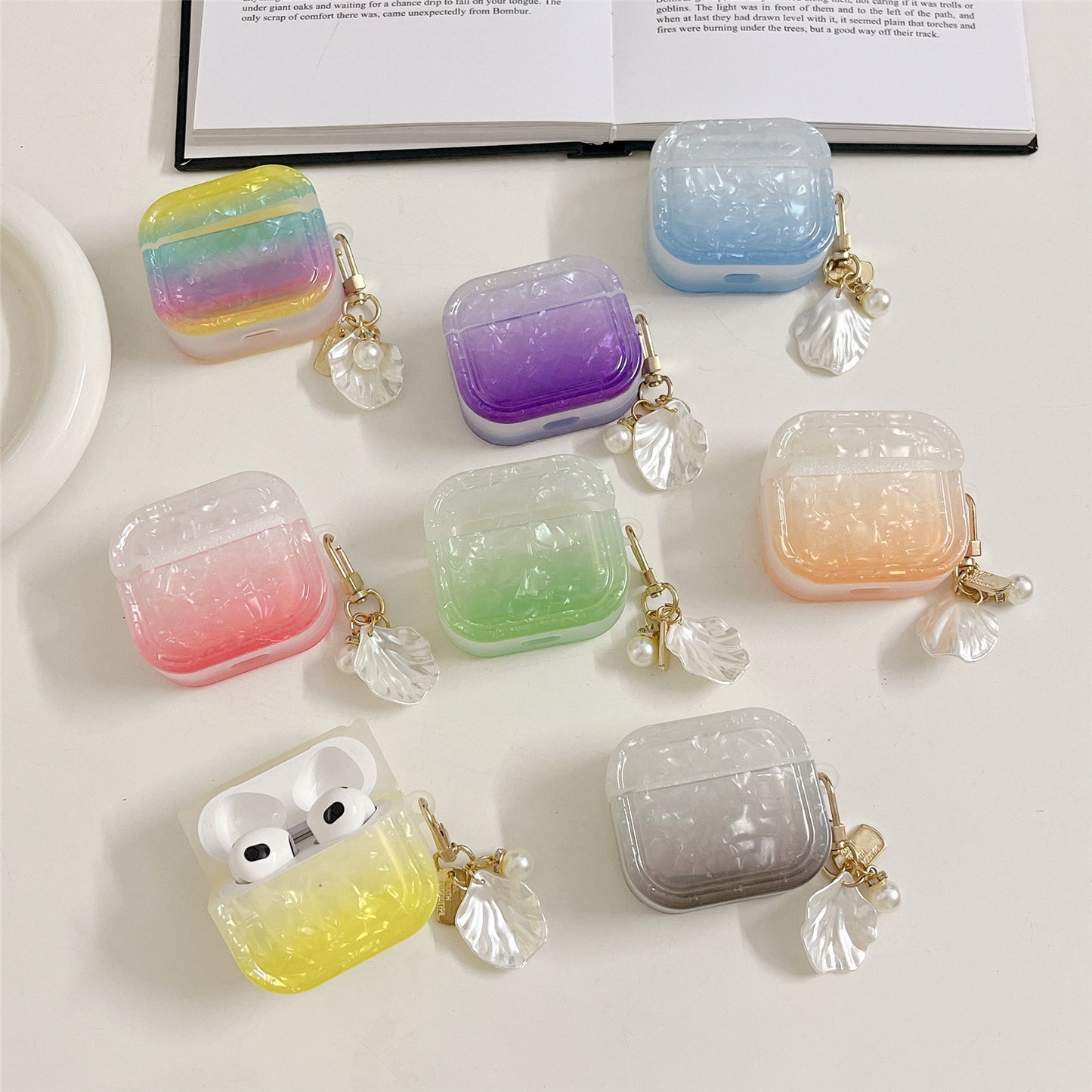 Uniqkart for Apple AirPods 3 Full Protective Cover Gradient Shell Grain Earphone Square TPU Case with Shell Shape Pendant - Yellow