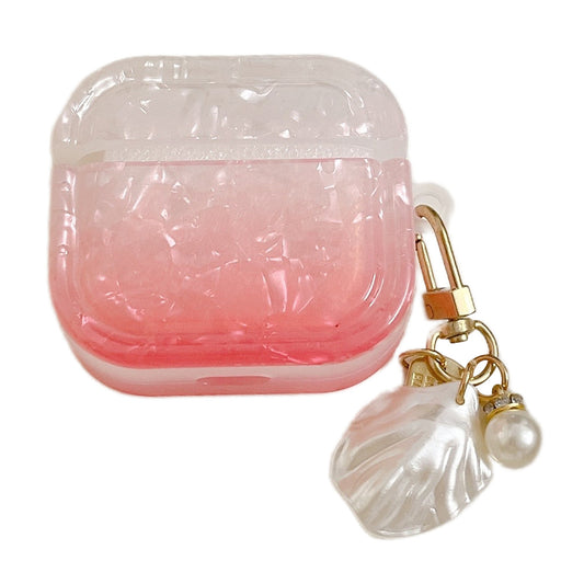 Uniqkart for Apple AirPods 3 Full Protective Cover Gradient Shell Grain Earphone Square TPU Case with Shell Shape Pendant - Red