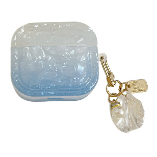 Uniqkart for Apple AirPods 3 Full Protective Cover Gradient Shell Grain Earphone Square TPU Case with Shell Shape Pendant - Sky Blue