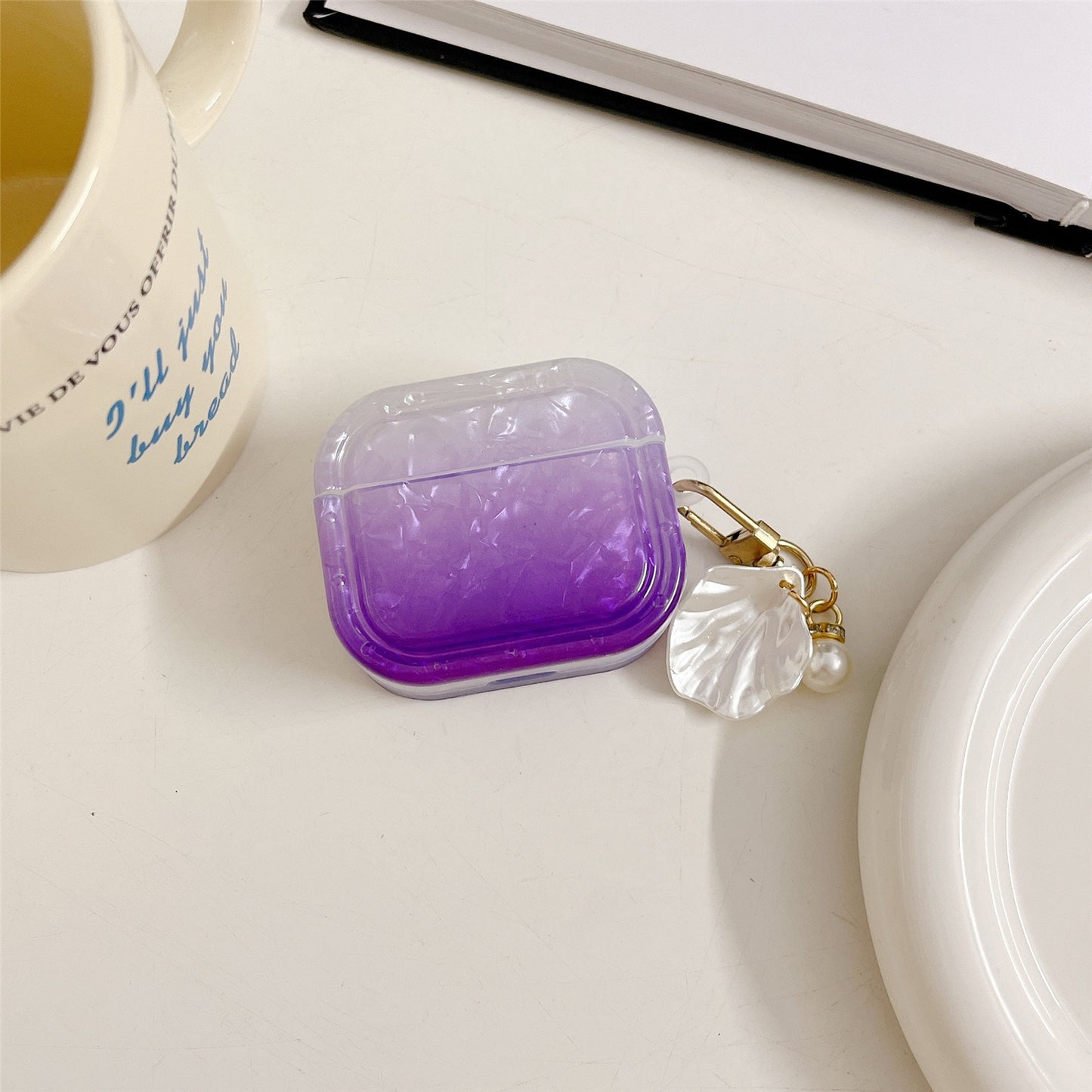 Uniqkart for Apple AirPods 3 Full Protective Cover Gradient Shell Grain Earphone Square TPU Case with Shell Shape Pendant - Purple