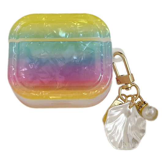 Uniqkart for Apple AirPods 3 Full Protective Cover Gradient Shell Grain Earphone Square TPU Case with Shell Shape Pendant - Colorful