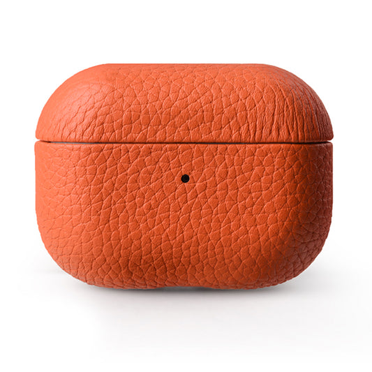 Uniqkart For Apple AirPods Pro 2 Earbuds Case Genuine Cow Leather Coated PC Protective Sleeve Cover - Orange