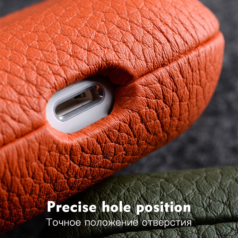 Uniqkart For Apple AirPods Pro 2 Earbuds Case Genuine Cow Leather Coated PC Protective Sleeve Cover - Orange