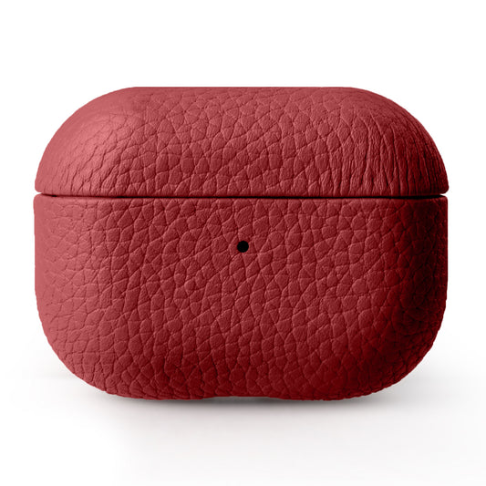Uniqkart For Apple AirPods Pro 2 Earbuds Case Genuine Cow Leather Coated PC Protective Sleeve Cover - Red