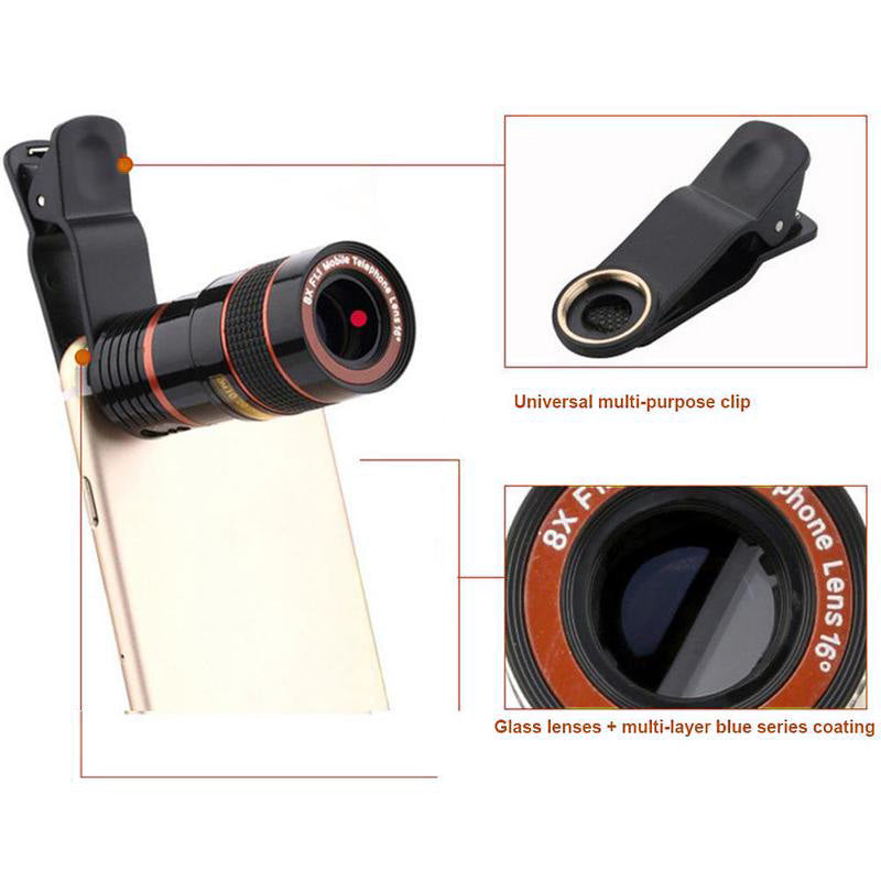 8X Zoom Telephoto Lens Cell Phone Camera Lens for iPhone, Samsung, Huawei, External Lens HD No Vignetting Monocular Telescope - Black