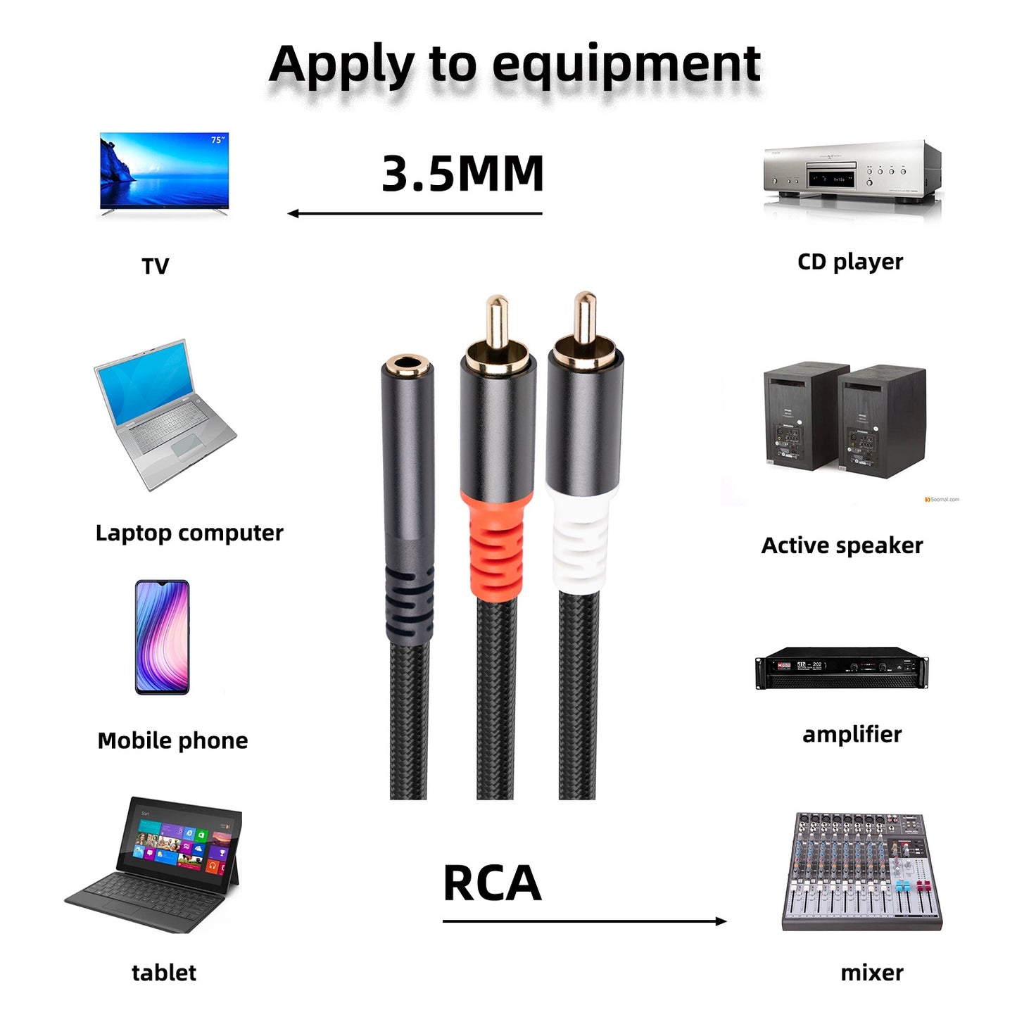 3706 30cm Audio Cable 3.5mm Female to 2 RCA Male Stereo Adapter AUX Cord for Mobile Phone MP3 Player Notebook