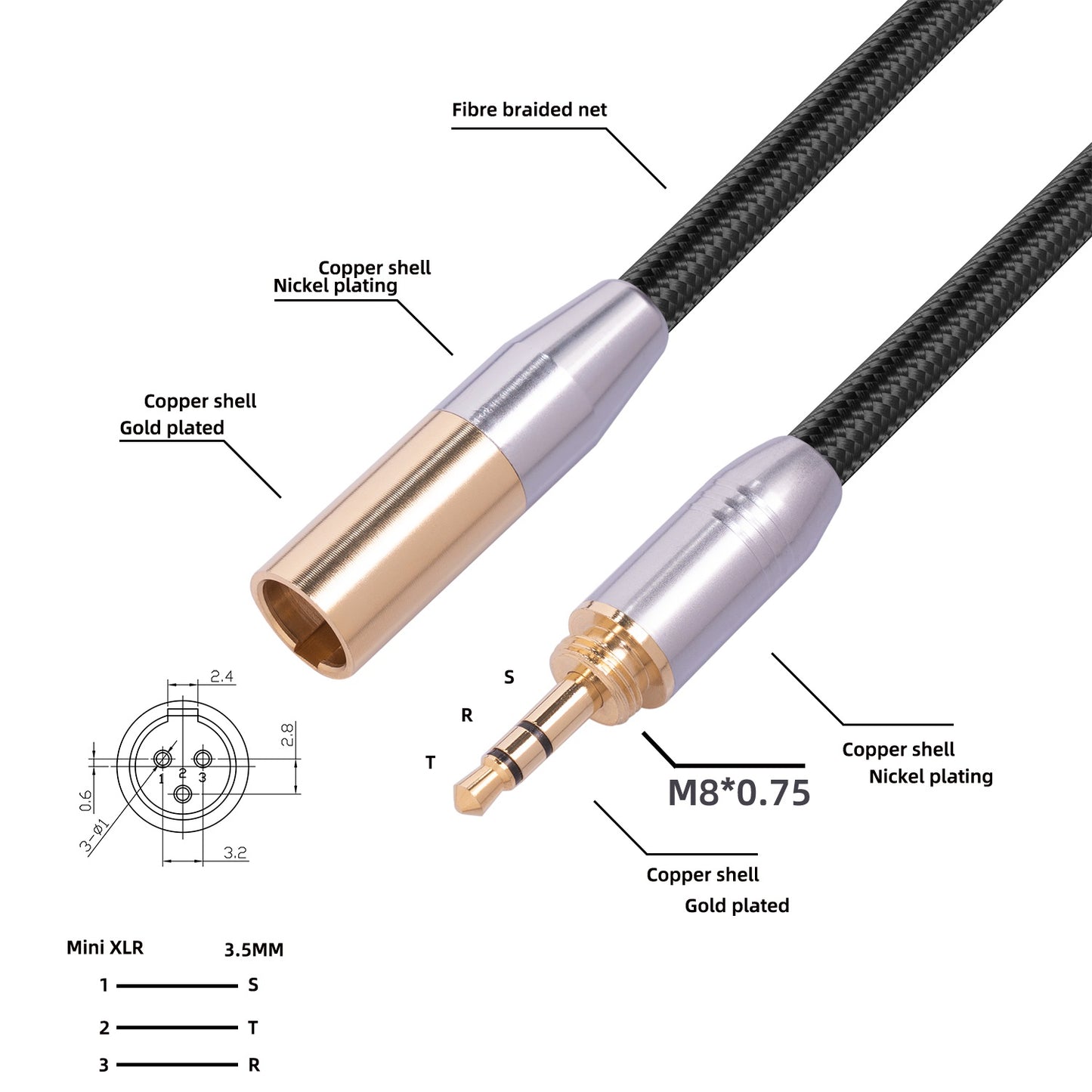3.5mm Male to MINI XLR 3PIN Cable Set with 6.35mm Adapter 3.5mm+6.35mm Audio Cable Compatible with 3.5mm+6.35mm Audio Devices