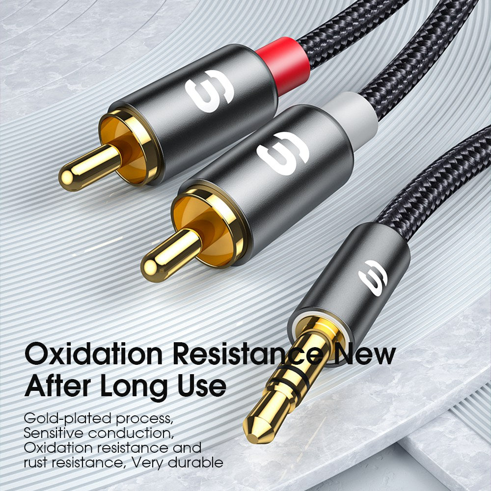 Essager 5m RCA Y Splitter Cord 3.5mm Jack to 2RCA Male Aux Cable for TV PC Amplifiers DVD Speaker - Blue