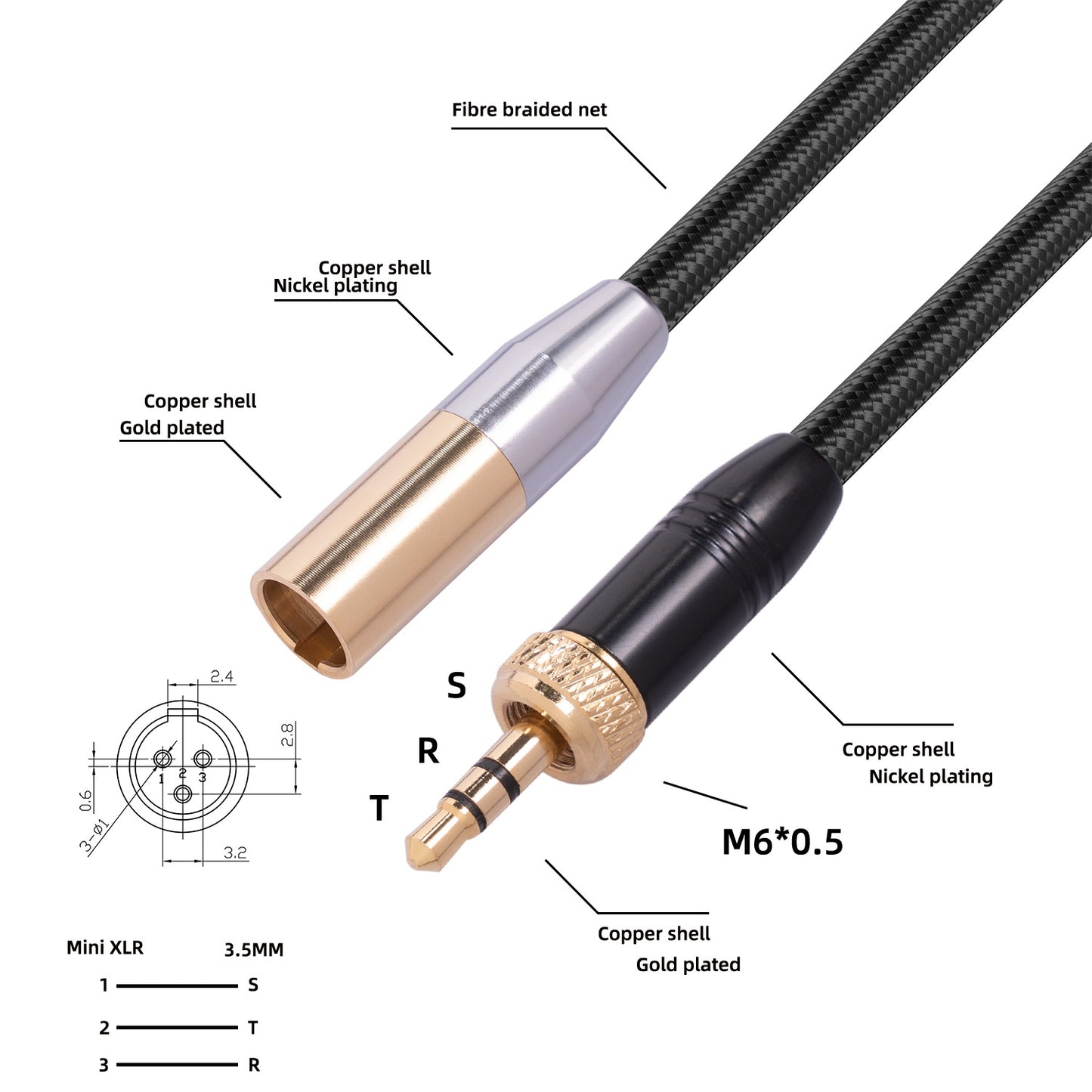 Internal Thread 3.5mm Jack to 3Pin Mini XLR Gold Plated Adapter Cable for Microphone Cameras